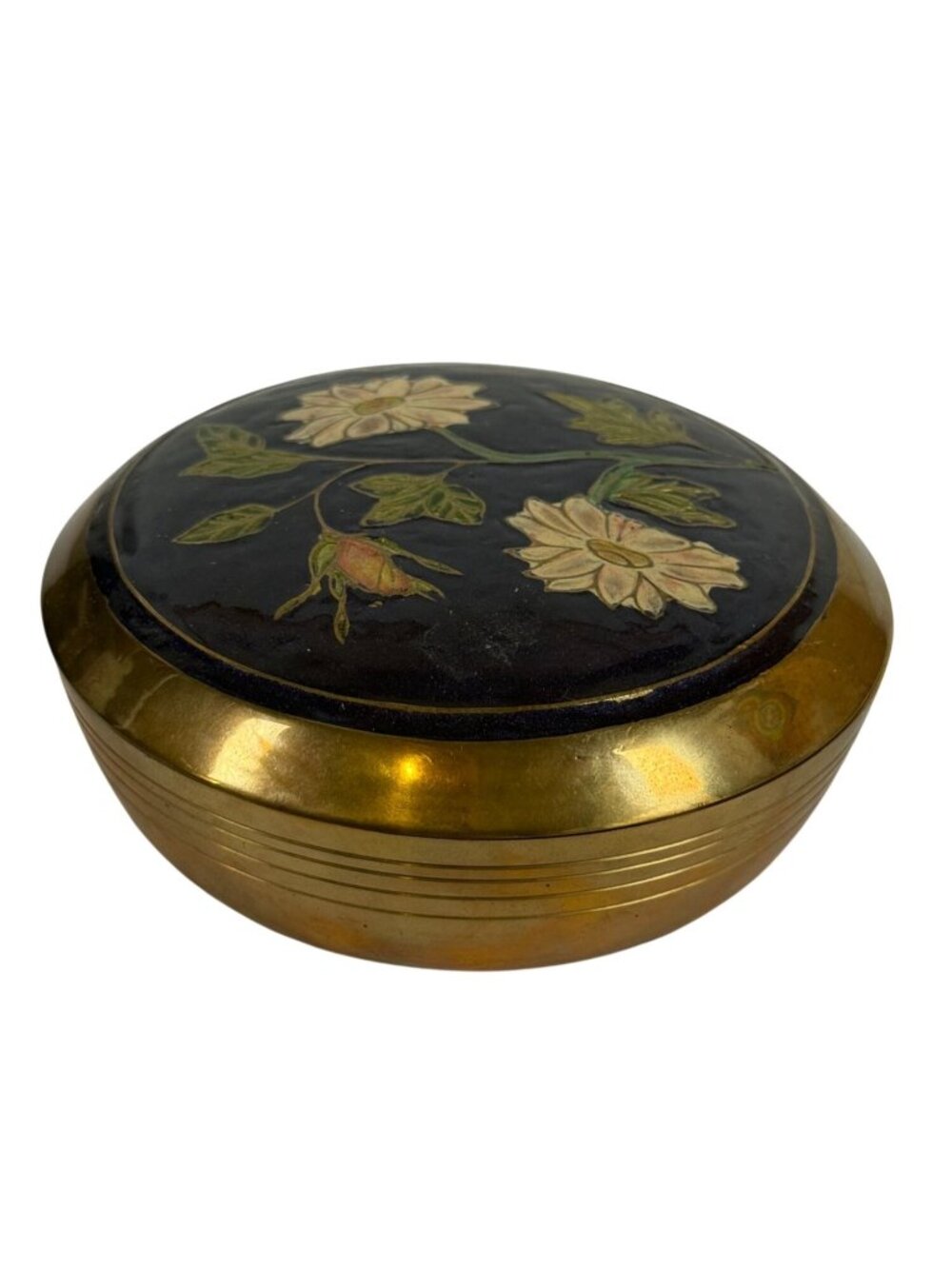 Vintage Brass Trinket Box Enamel Floral Lid Jewelry Grandma Cottage Core